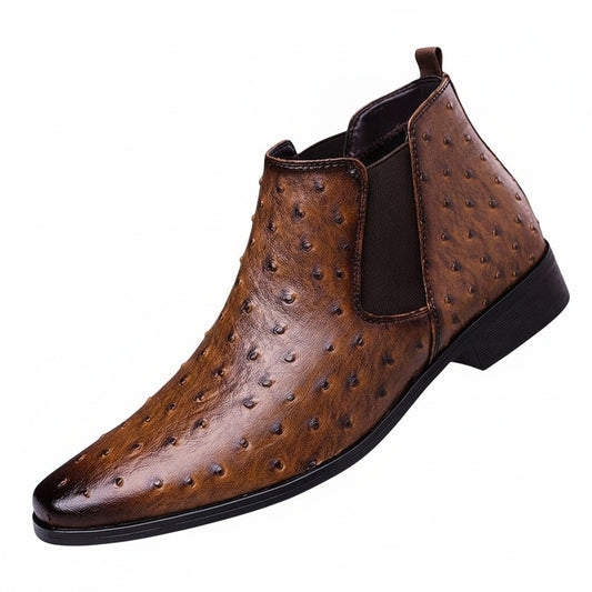 Men's Chelsea Ankle Boots with Ostrich Print and Pointed Toe