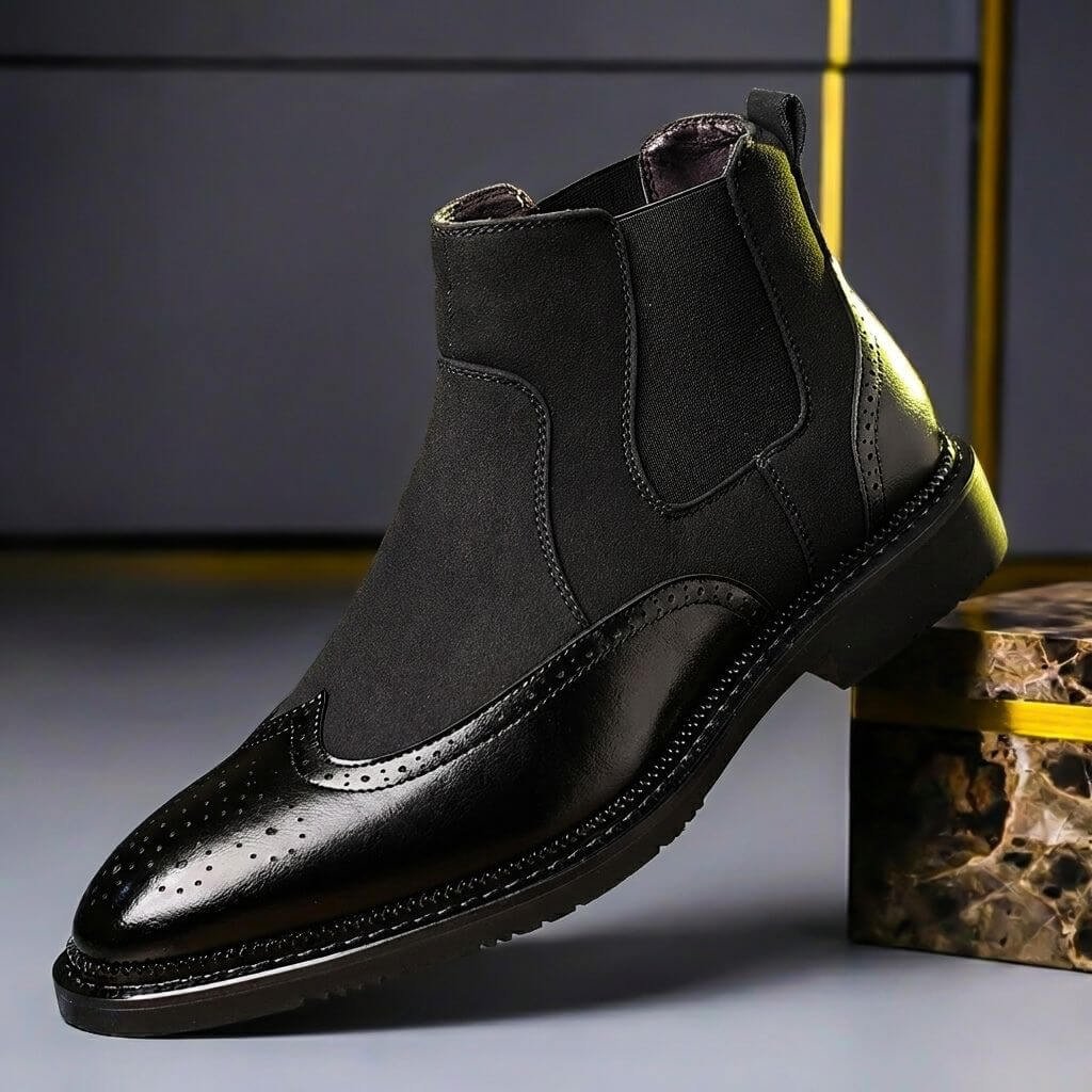 Men's Chelsea Boots with Brogue Wingtip and Elastic Side Panels