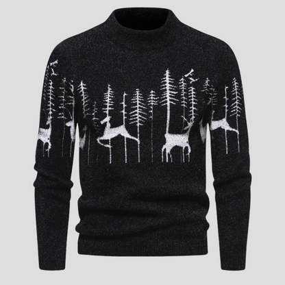 Men's Christmas Sweater with Mock Neck and Reindeer Forest Pattern