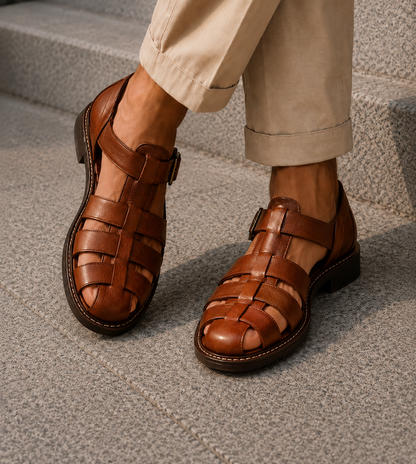 Men's Closed-Toe Fisherman Sandals with Woven Straps and Buckle