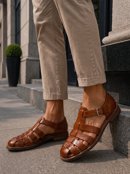 Men's Closed-Toe Fisherman Sandals with Woven Straps and Buckle
