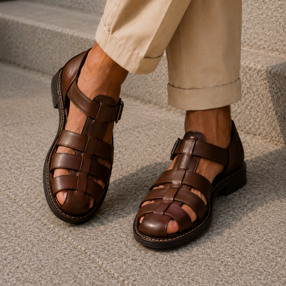 Men's Closed-Toe Fisherman Sandals with Woven Straps and Buckle