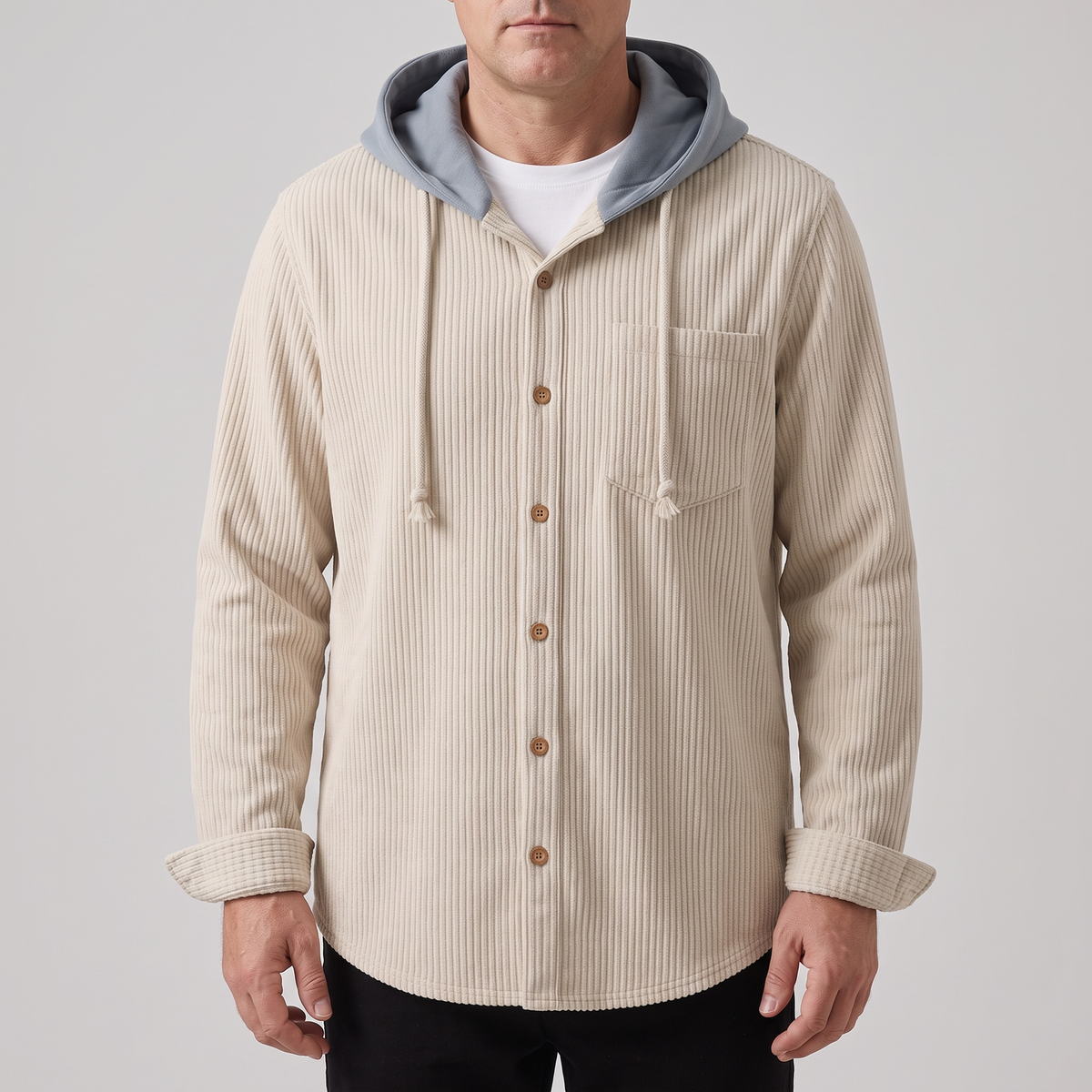 Men's Corduroy Hooded Shirt Jacket with Button-Front and Chest Pocket