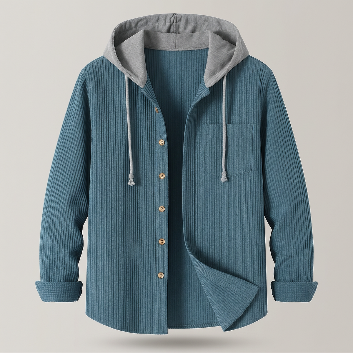Men's Corduroy Hooded Shirt Jacket with Button-Front and Chest Pocket