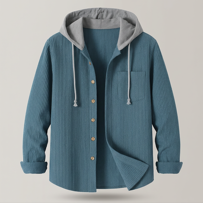 Men's Corduroy Hooded Shirt Jacket with Button-Front and Chest Pocket