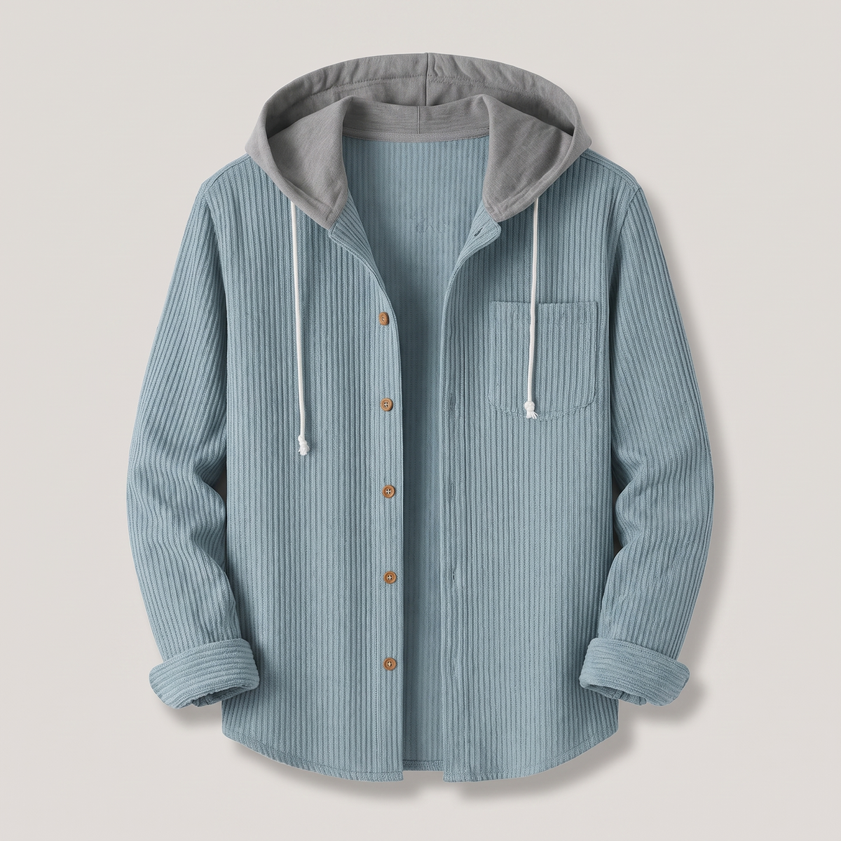 Men's Corduroy Hooded Shirt Jacket with Button-Front and Chest Pocket