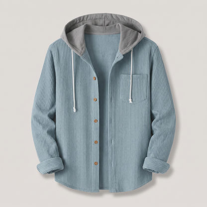 Men's Corduroy Hooded Shirt Jacket with Button-Front and Chest Pocket