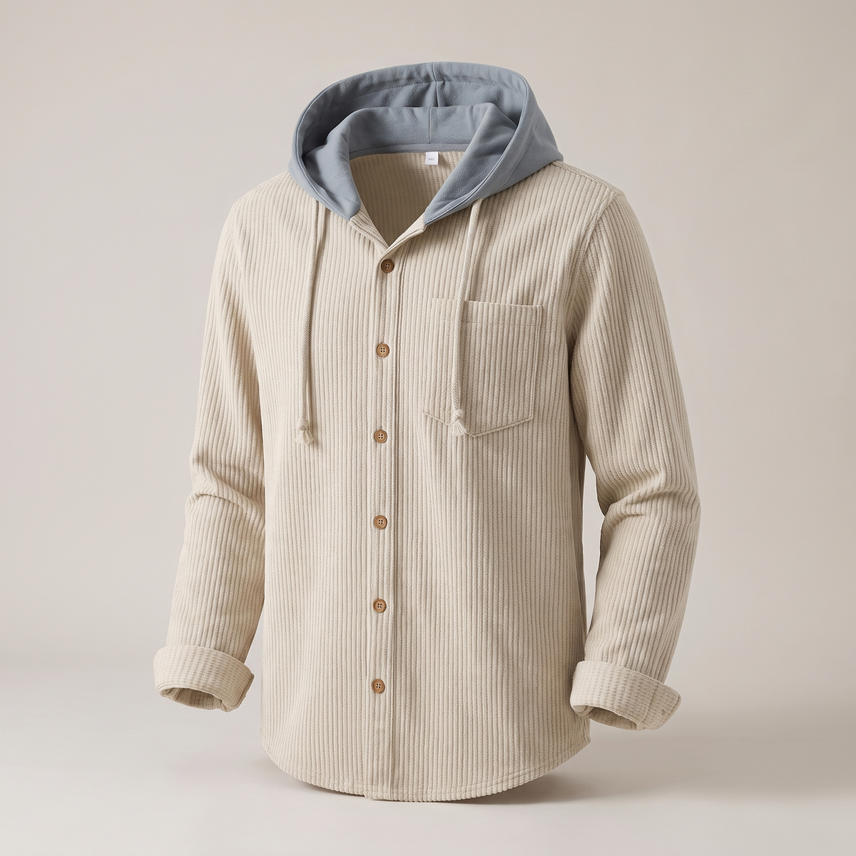 Men's Corduroy Hooded Shirt Jacket with Button-Front and Chest Pocket