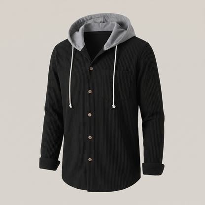 Men's Corduroy Hooded Shirt Jacket with Button-Front and Chest Pocket