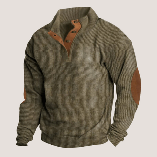 Men's Corduroy Sweatshirt with Mock Neck and Button Placket