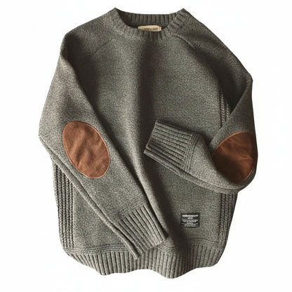 Men's Crew Neck Sweater with Elbow Patches and Ribbed Trim