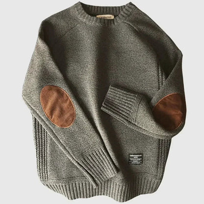 Men's Crew Neck Sweater with Elbow Patches and Ribbed Trim