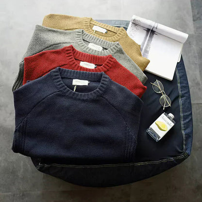 Men's Crew Neck Sweater with Elbow Patches and Ribbed Trim