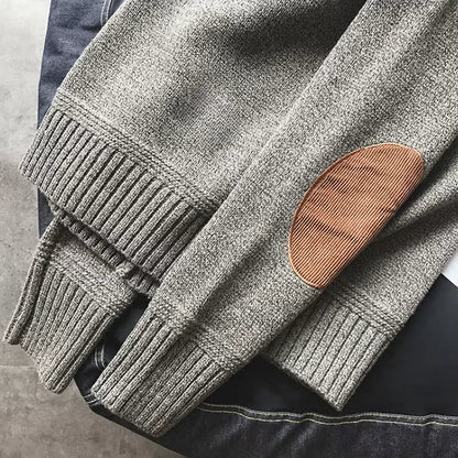 Men's Crew Neck Sweater with Elbow Patches and Ribbed Trim