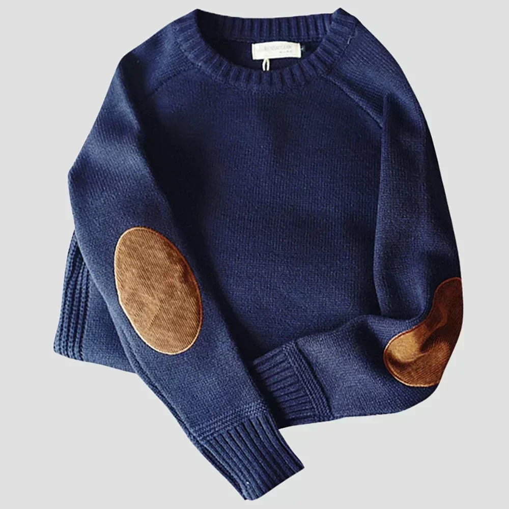 Men's Crew Neck Sweater with Elbow Patches and Ribbed Trim