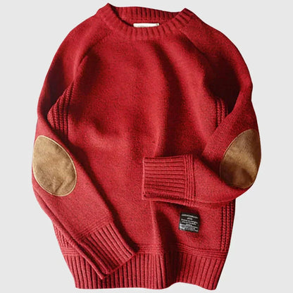 Men's Crew Neck Sweater with Elbow Patches and Ribbed Trim