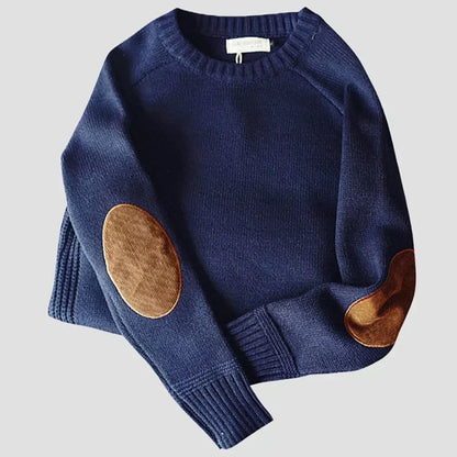 Men's Crew Neck Sweater with Elbow Patches and Ribbed Trim