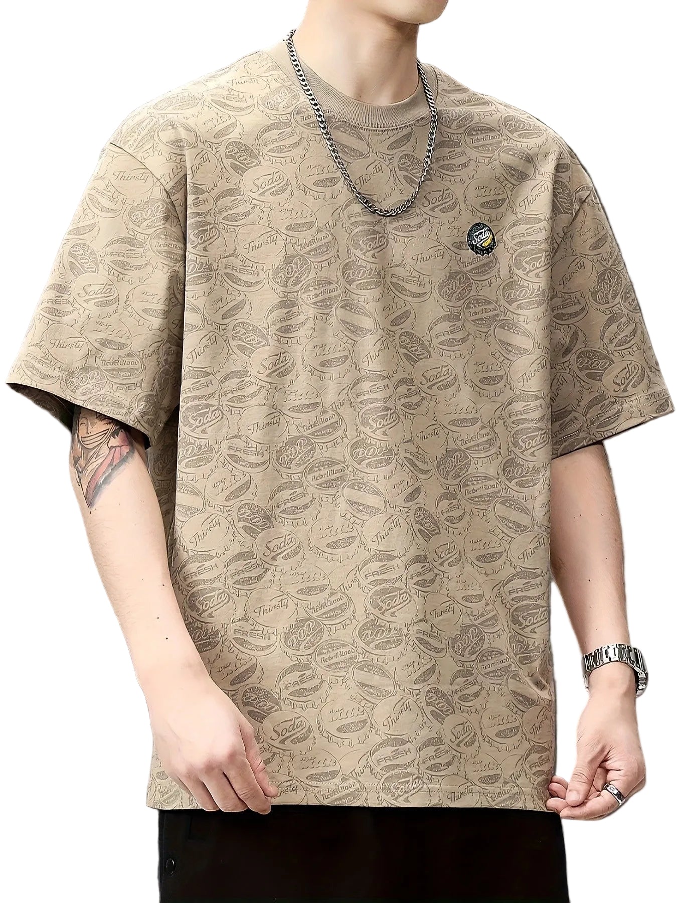 Men's Crewneck T-Shirt with Bottle Cap Graphic Print