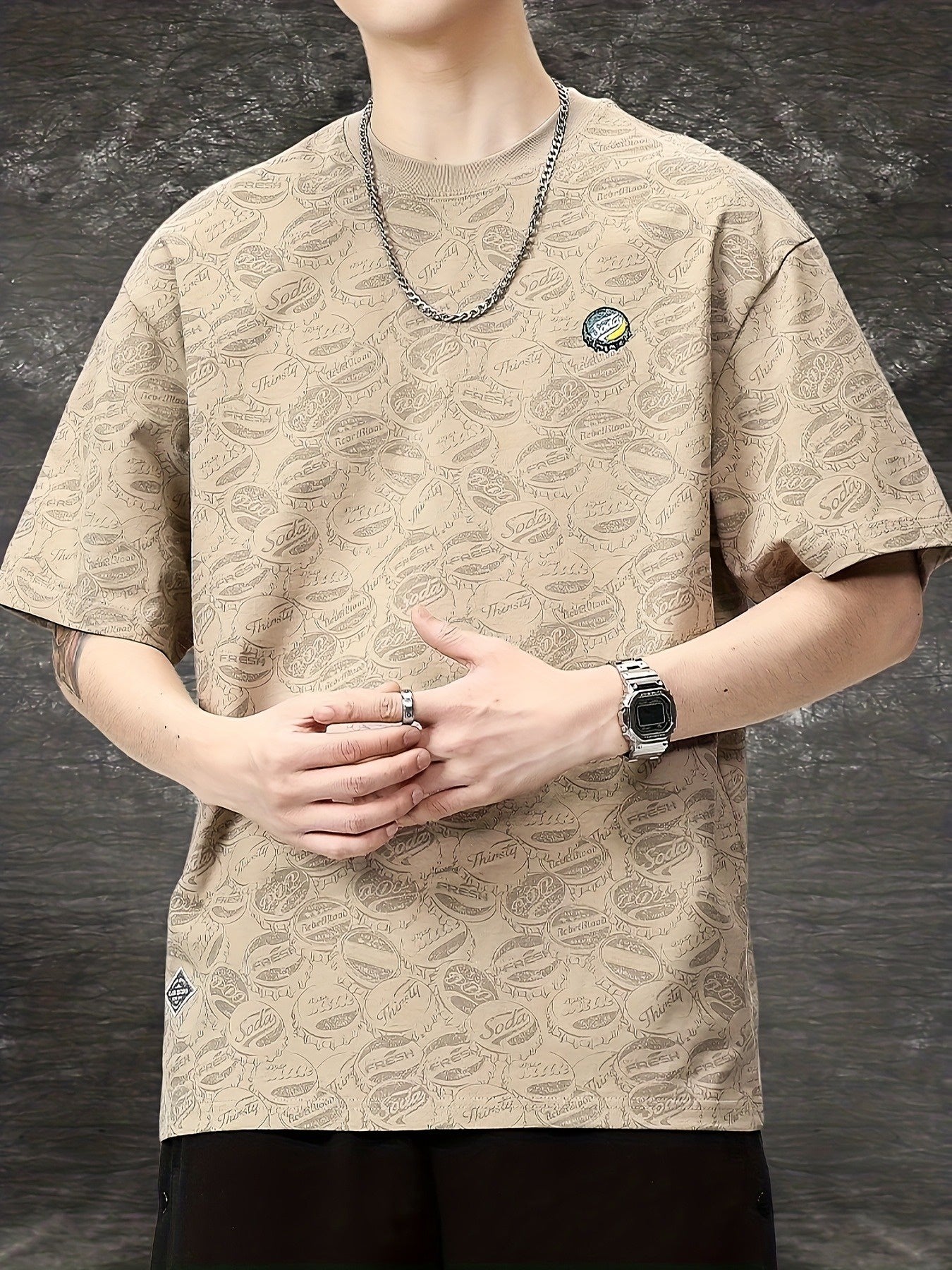 Men's Crewneck T-Shirt with Bottle Cap Graphic Print