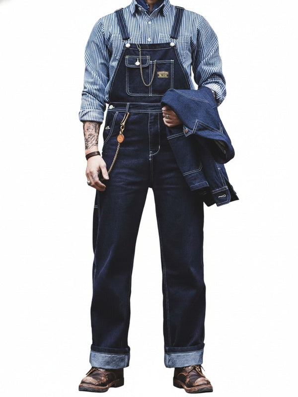 Men's Denim Bib Overalls Vintage Workwear with Wide Leg and Contrast Stitching
