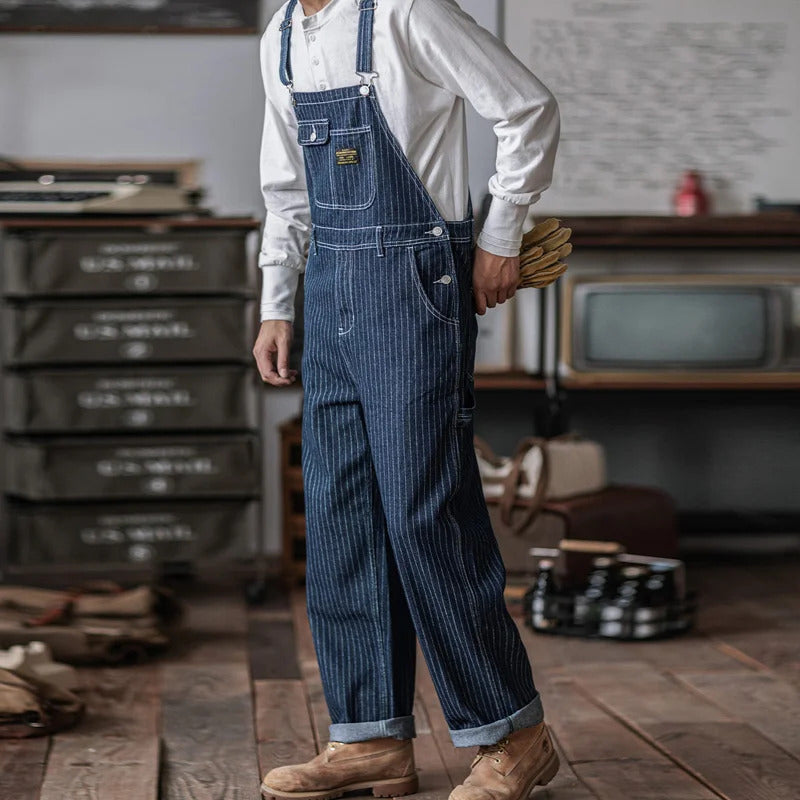 Men's Denim Bib Overalls Vintage Workwear with Wide Leg and Contrast Stitching