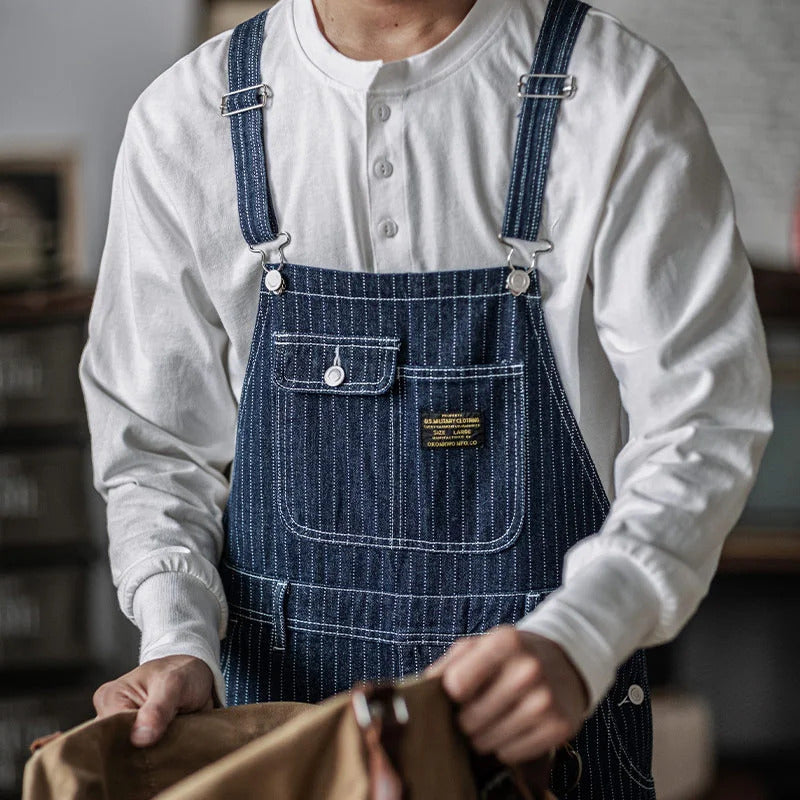 Men's Denim Bib Overalls Vintage Workwear with Wide Leg and Contrast Stitching