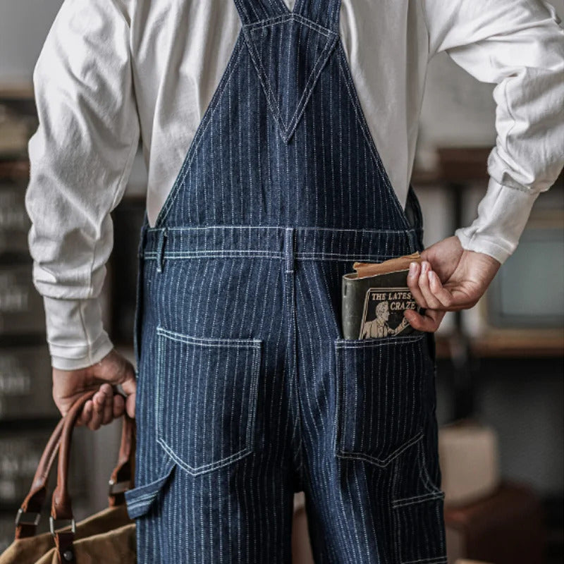 Men's Denim Bib Overalls Vintage Workwear with Wide Leg and Contrast Stitching