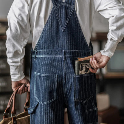 Men's Denim Bib Overalls Vintage Workwear with Wide Leg and Contrast Stitching