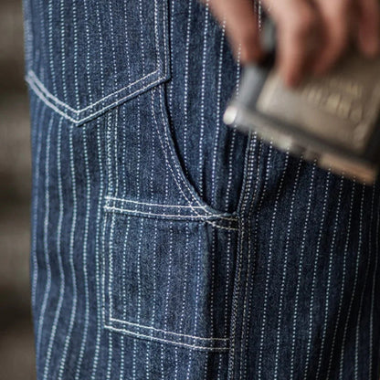 Men's Denim Bib Overalls Vintage Workwear with Wide Leg and Contrast Stitching