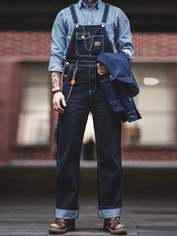 Men's Denim Bib Overalls Vintage Workwear with Wide Leg and Contrast Stitching