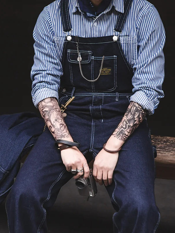 Men's Denim Bib Overalls Vintage Workwear with Wide Leg and Contrast Stitching