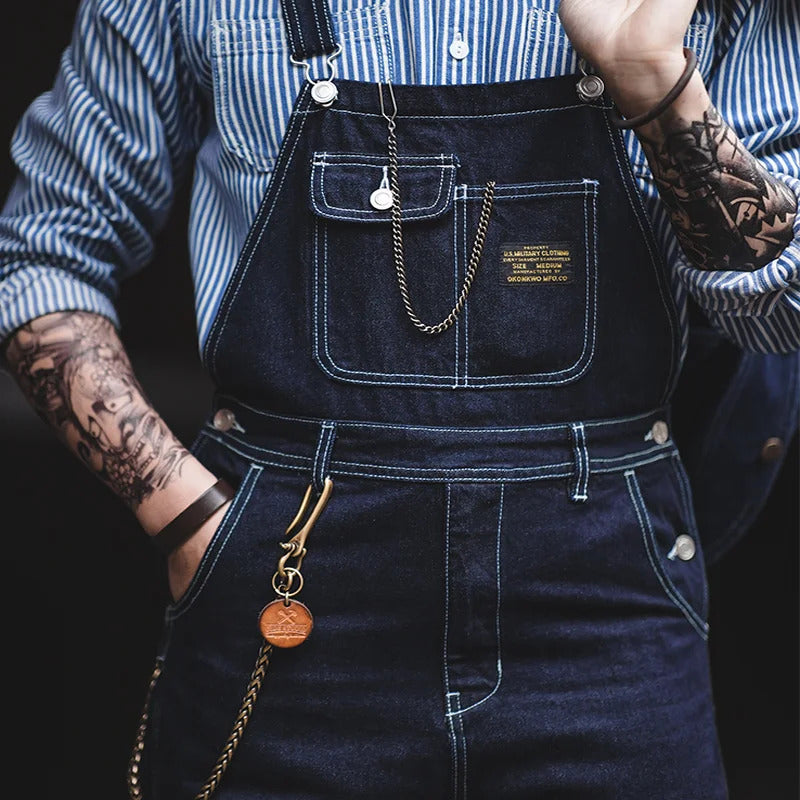 Men's Denim Bib Overalls Vintage Workwear with Wide Leg and Contrast Stitching