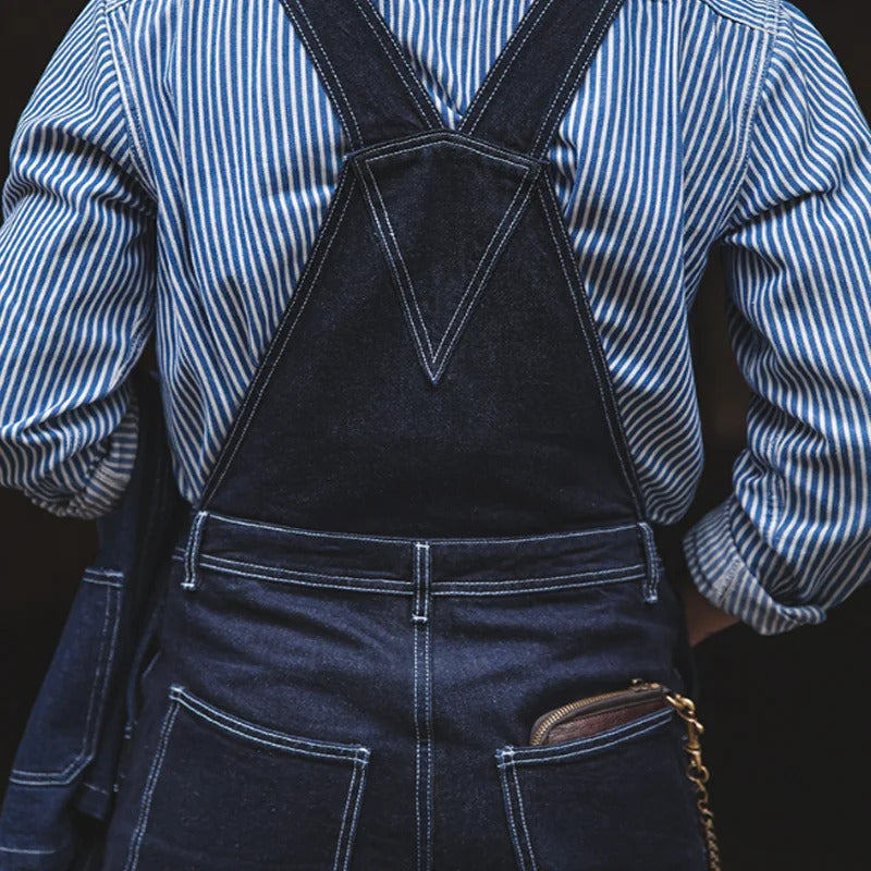 Men's Denim Bib Overalls Vintage Workwear with Wide Leg and Contrast Stitching