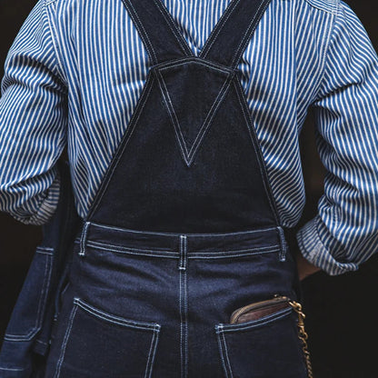 Men's Denim Bib Overalls Vintage Workwear with Wide Leg and Contrast Stitching