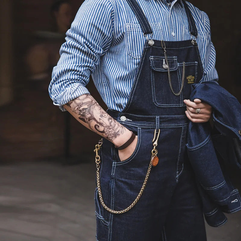 Men's Denim Bib Overalls Vintage Workwear with Wide Leg and Contrast Stitching