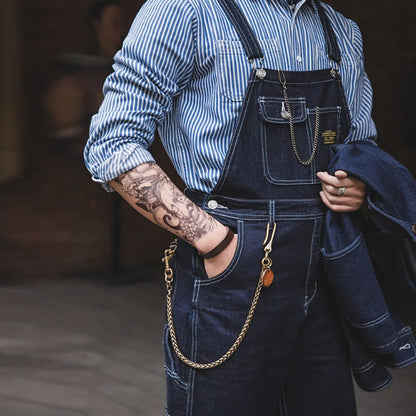 Men's Denim Bib Overalls Vintage Workwear with Wide Leg and Contrast Stitching