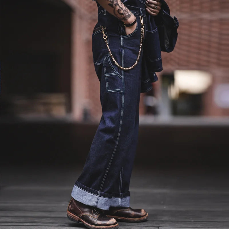 Men's Denim Bib Overalls Vintage Workwear with Wide Leg and Contrast Stitching