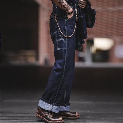 Men's Denim Bib Overalls Vintage Workwear with Wide Leg and Contrast Stitching
