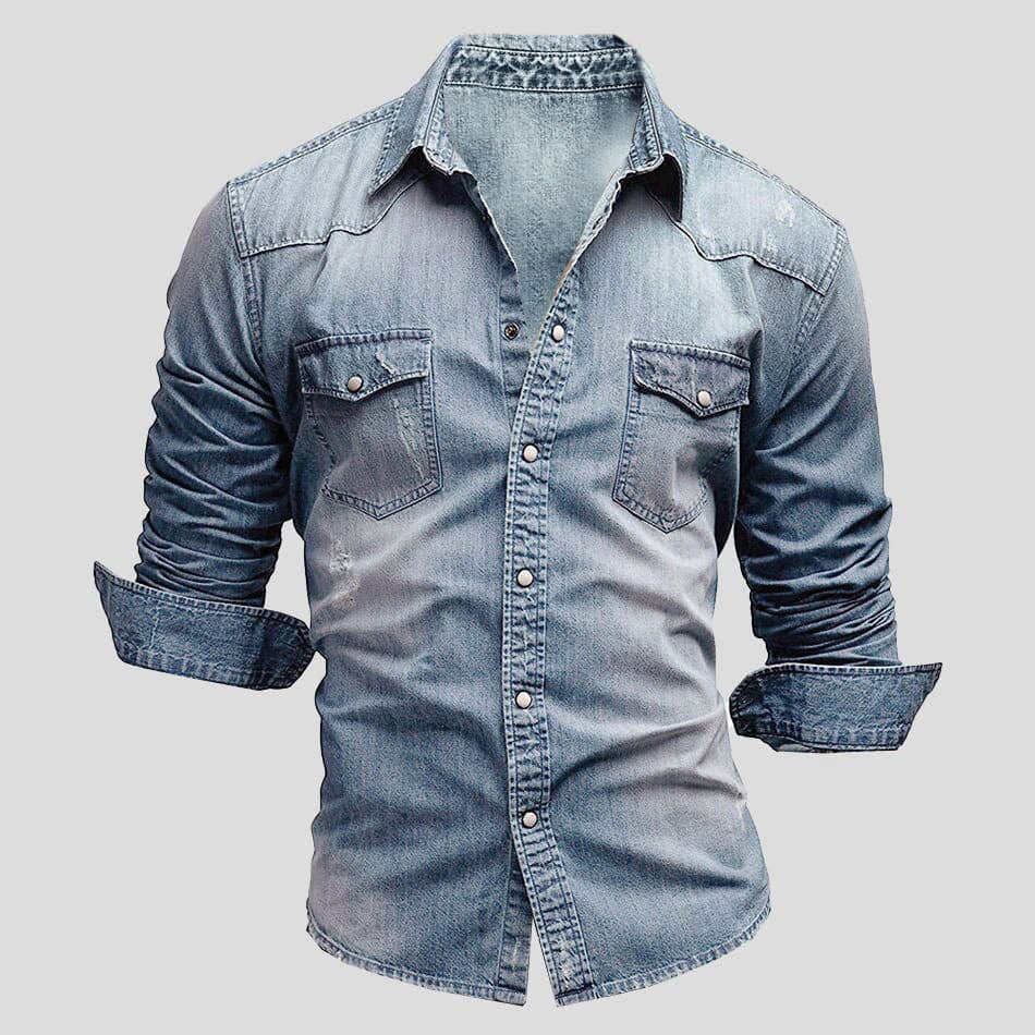 Men's Denim Shirt Long Sleeve with Snap Buttons and Chest Pockets