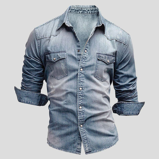 Men's Denim Shirt Long Sleeve with Snap Buttons and Chest Pockets