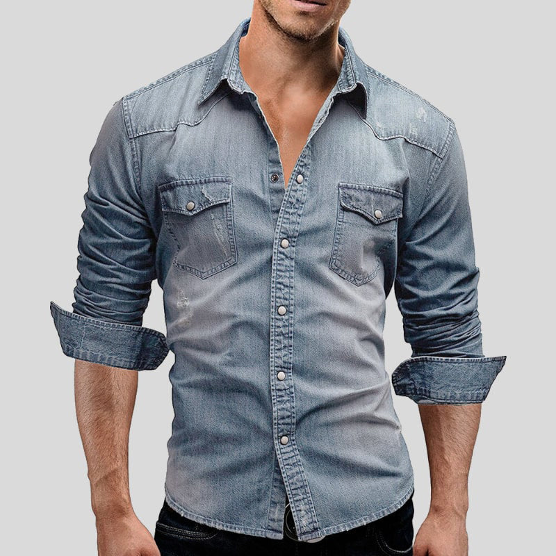 Men's Denim Shirt Long Sleeve with Snap Buttons and Chest Pockets