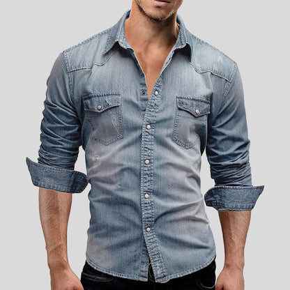 Men's Denim Shirt Long Sleeve with Snap Buttons and Chest Pockets