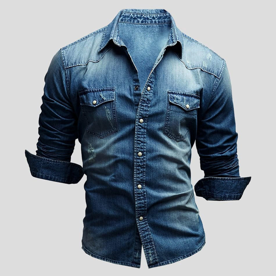 Men's Denim Shirt Long Sleeve with Snap Buttons and Chest Pockets