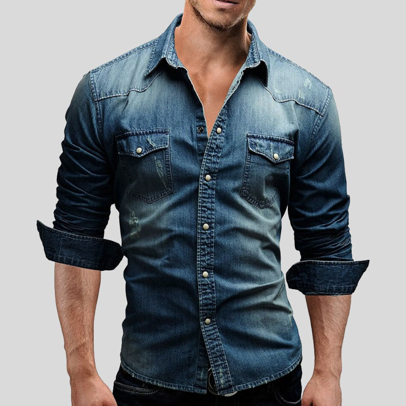 Men's Denim Shirt Long Sleeve with Snap Buttons and Chest Pockets