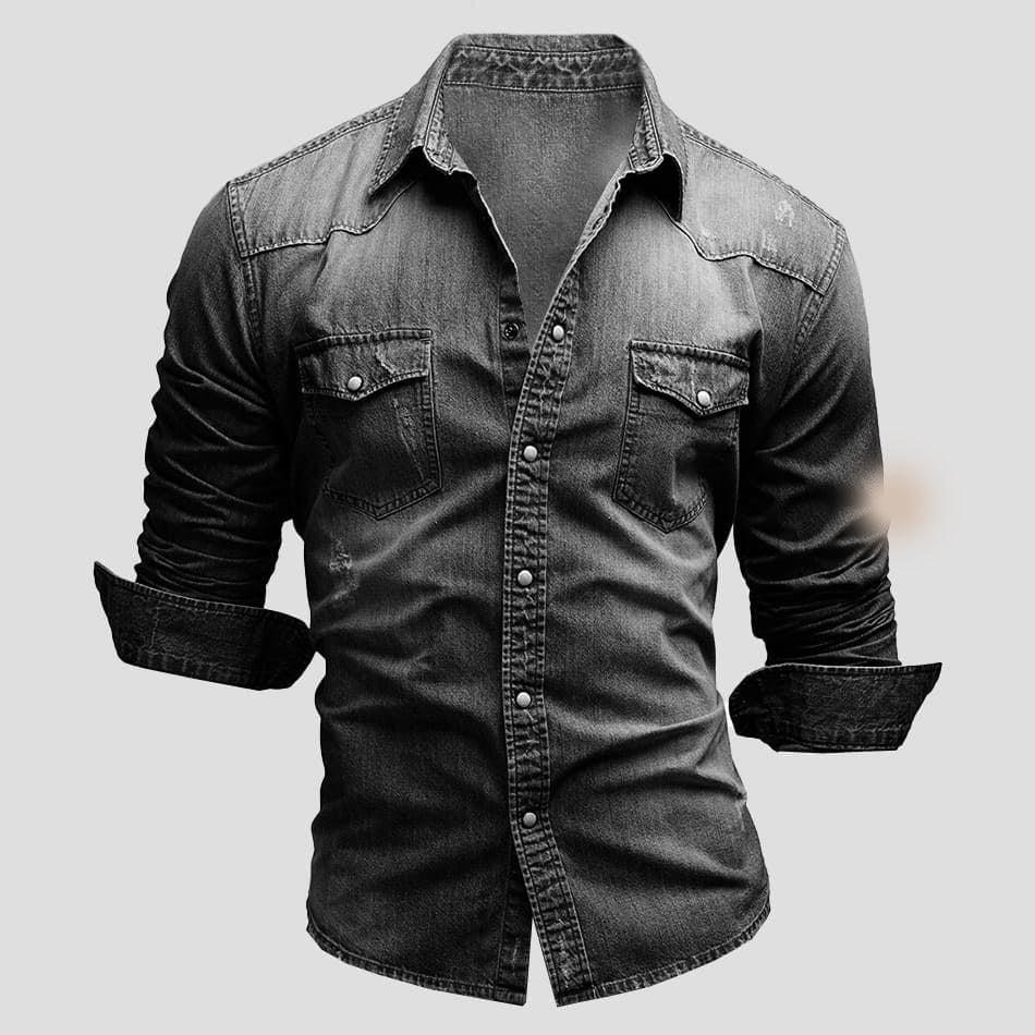 Men's Denim Shirt Long Sleeve with Snap Buttons and Chest Pockets