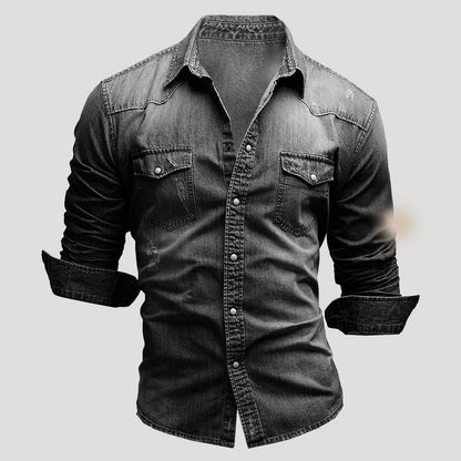 Men's Denim Shirt Long Sleeve with Snap Buttons and Chest Pockets