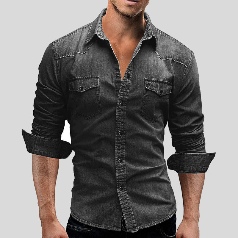 Men's Denim Shirt Long Sleeve with Snap Buttons and Chest Pockets