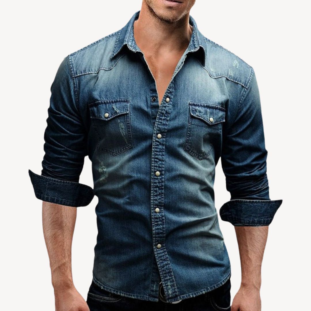 Men's Denim Western Shirt Long Sleeve with Snap Buttons and Chest Pockets