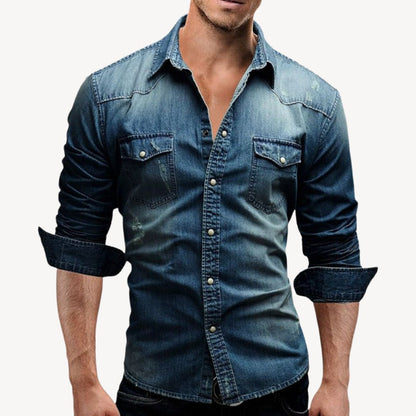 Men's Denim Western Shirt Long Sleeve with Snap Buttons and Chest Pockets