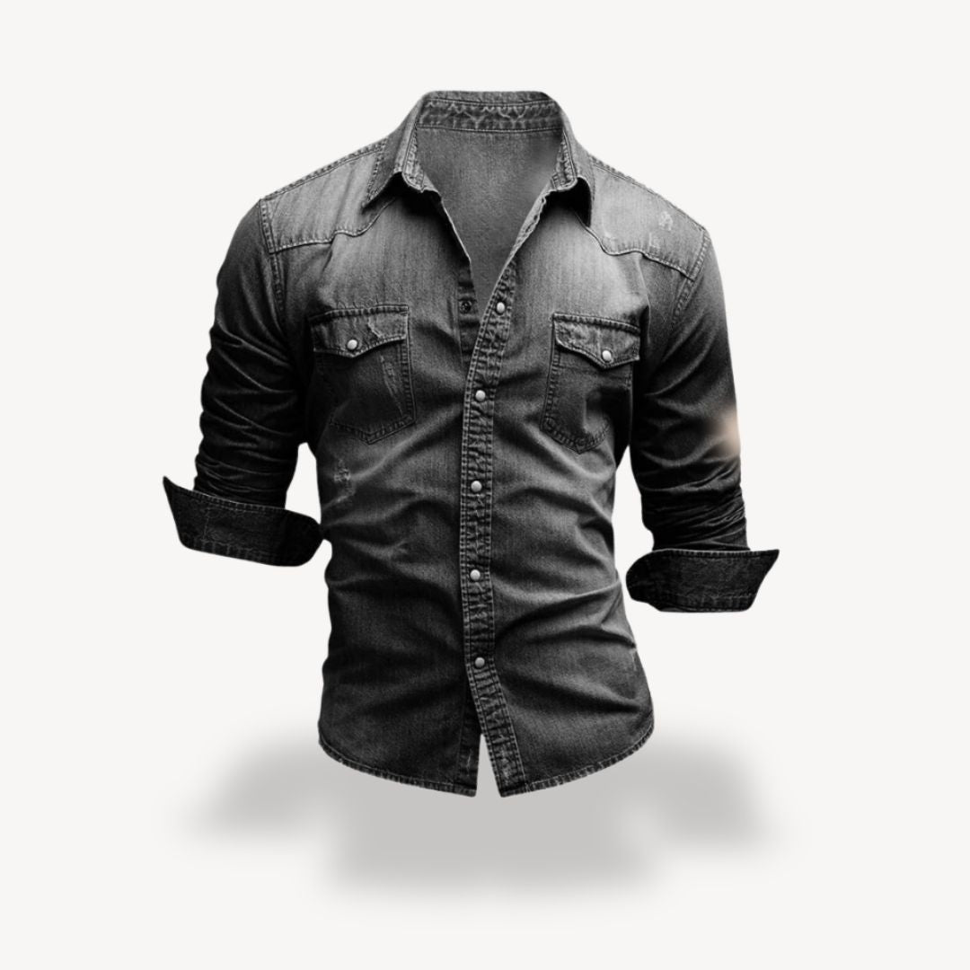 Men's Denim Western Shirt Long Sleeve with Snap Buttons and Chest Pockets